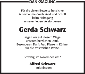 Traueranzeige von Gerda Schwarz von Pegnitz-Zeitung
